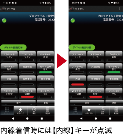 スマートフォン画面イメージ:内線着信時には【内線】キーが点滅