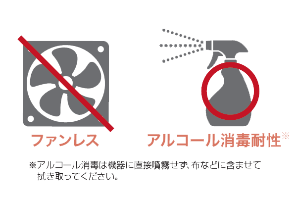 ファンレス&アルコール消毒耐性 ※アルコール消毒は機器に直接噴霧せず、布などに含ませて拭き取ってください。
